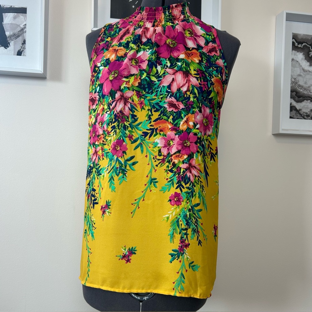Chenault Floral Mock Neck Sleeveless Blouse Yellow Pink Smocked Neck Size L
